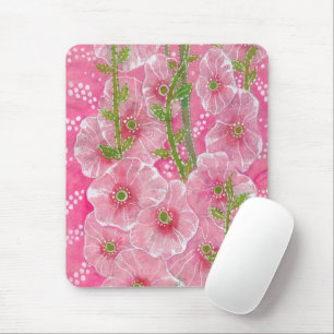 Pink Hollyhock Mallow Malva Flower Floral Painting Mouse Pad