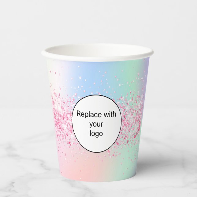 Pink holographic business corporate logo qr code paper cups (Front)