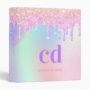 Pink holographic glitter drips monogram binder