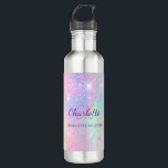 Pink holographic monogram girl 710 ml water bottle<br><div class="desc">A trendy  holographic background colours in pink,  purple,  mint green. Decorated faux sparkles. Personalize and add your first name,  monogram initials and full name. Purple and pink coloured letters.</div>