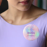 Pink holographic name birthday party 1 inch round button<br><div class="desc">For a 18th (or any age) birthday party. A holographic coloured background in purple,  pink,  and mint green. Decorated with confetti.  Personalize and add a date,  name and age.  Can be used both as party favours,  save the date or name tags for the guests.</div>