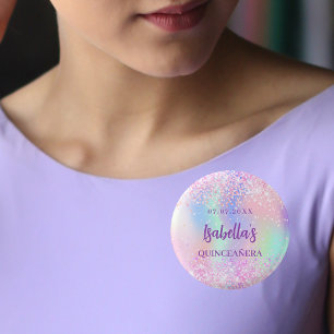 Pink holographic name Quinceanera 1 Inch Round Button