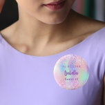 Pink holographic name Sweet 16 1 Inch Round Button<br><div class="desc">For a Sweet 16 birthday party. A holographic coloured background in purple,  pink,  and mint green. Decorated with confetti.  Personalize and add a date,  name and age.  Can be used both as party favours,  save the date or name tags for the guests.</div>