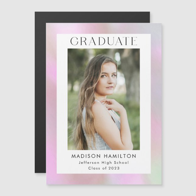 Pink Holographic Photo Graduation Magnetic Invitation (Front/Back)