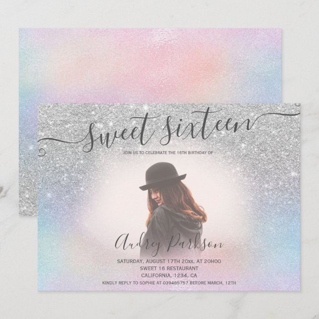 Pink holographic silver glitter Sweet 16 photo Invitation (Front/Back)