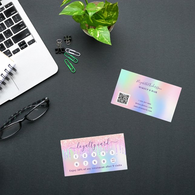 Pink holograpic purple drips qr code business loyalty card (Creator Uploaded)