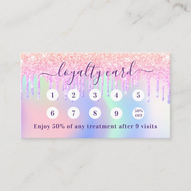 Pink holograpic purple drips qr code photo loyalty card (Front)