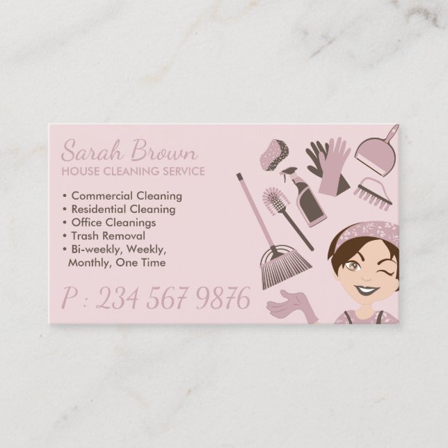 Pink Home Janitorial Gloved Apron Maid Business Card (Front)