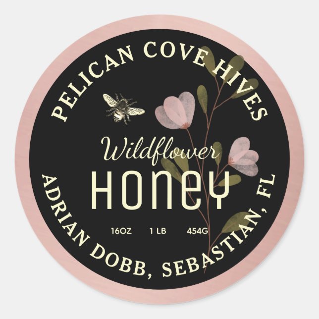 Pink Honey Label Watercolor Wildflower Bee Floral (Front)
