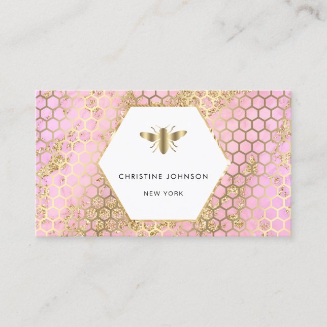 pink honeycomb and hexagon bee logo business card (Front)