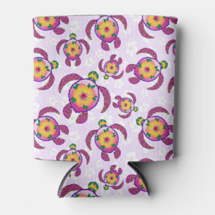 Pink Honu Turtles Hibiscus Flowers Can Cooler