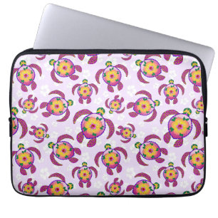 Pink Honu Turtles Hibiscus Flowers Laptop Sleeve