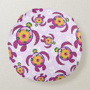 Pink Honu Turtles Hibiscus Flowers Round Pillow