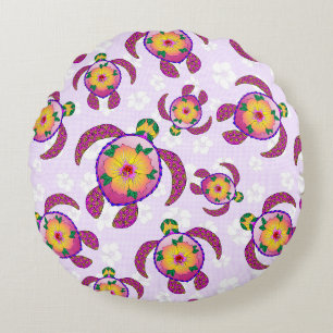 Pink Honu Turtles Hibiscus Flowers Round Pillow