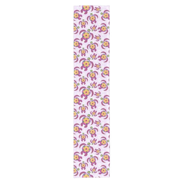 Pink Honu Turtles Hibiscus Flowers Short Table Runner (Front)