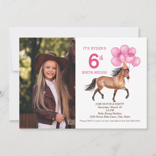 Pink Horse birthday Photo invitation (Front)