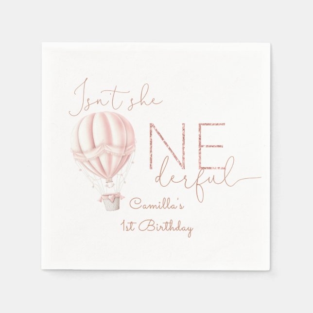 Pink Hot Air Ballon Onederful Girl 1st Birthday Napkin (Front)