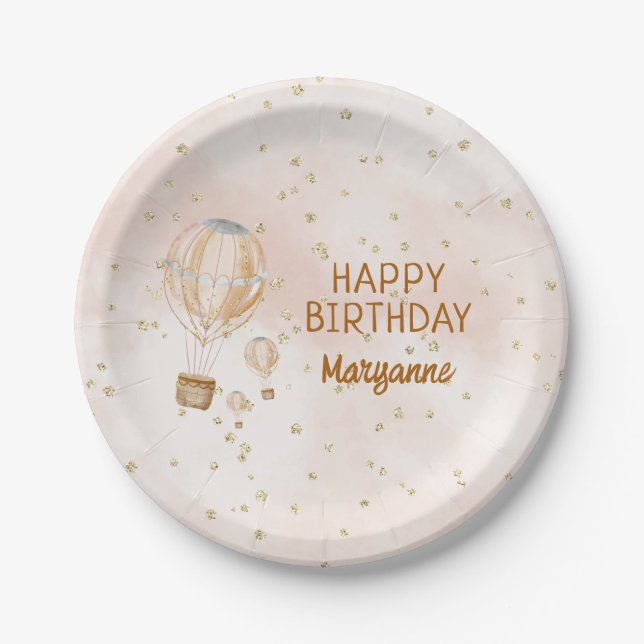 Pink Hot Air Balloon 1st Birthday Paper Plate (Front)