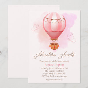 Pink Hot Air Balloon Adventure Awaits Baby Shower Invitation