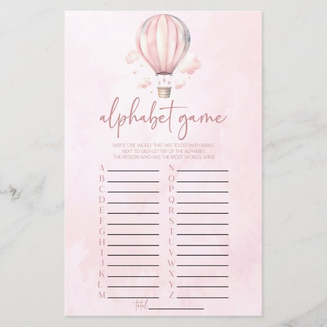 Pink Hot Air Balloon Alphabet Baby Shower Game (Front)