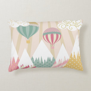 Pink Hot Air Balloon and Mountain Scene Accent Pillow