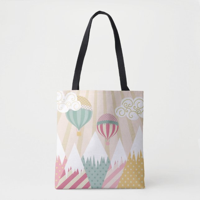 Pink Hot Air Balloon and Mountain Scene Tote Bag (Front)
