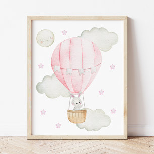 Pink Hot Air Balloon, Animals, Bunny, Girl Nursery Photo Print
