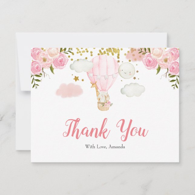 Pink Hot Air Balloon Animals Jungle Thank You Card (Front)