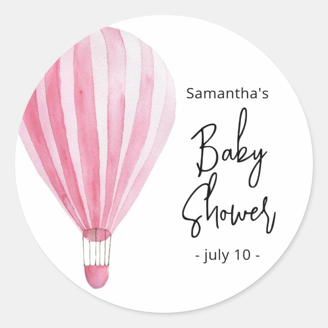 Pink hot air balloon Baby shower Classic Round Sticker (Front)