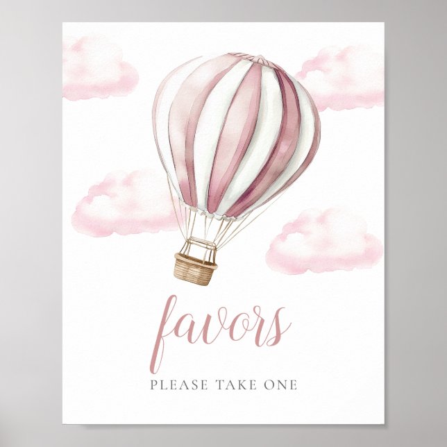 Pink Hot Air Balloon Baby Shower Favors Sign (Front)