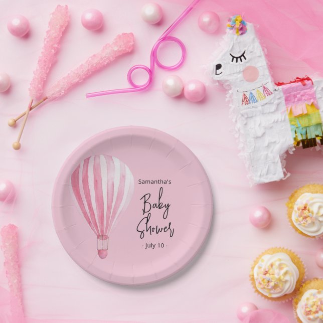 Pink hot air balloon Baby shower Paper Plate (Party)