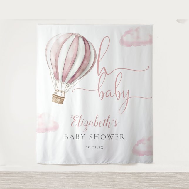 Pink Hot Air Balloon Baby Shower Photo Backdrop Tapestry (Front)