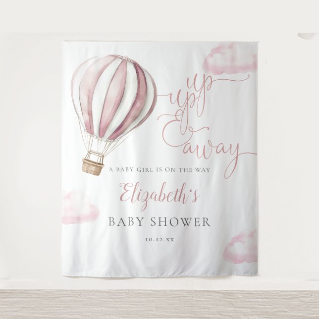 Pink Hot Air Balloon Baby Shower Photo Backdrop Tapestry (Front)