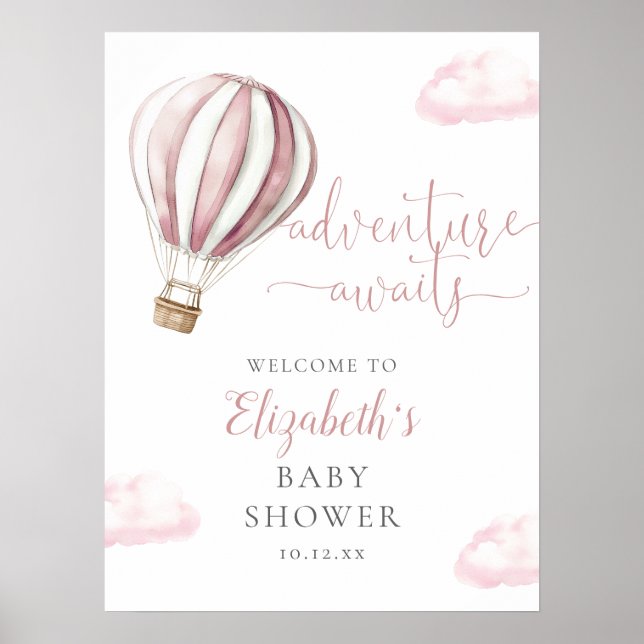 Pink Hot Air Balloon Baby Shower Welcome Sign (Front)