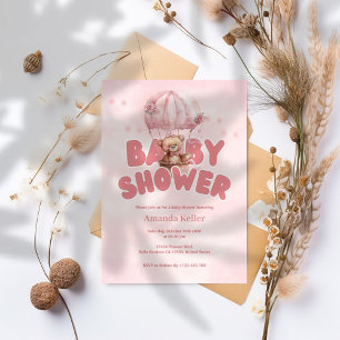 Pink Hot Air Balloon Bear Baby Shower Invitation