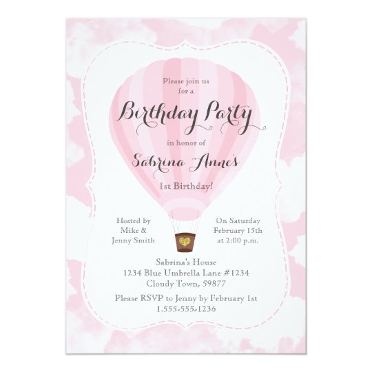 Pink Hot Air Balloon Girl Birthday party Card