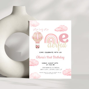 Pink Hot Air Balloon Isn't She Onederful Birthday  Invitation