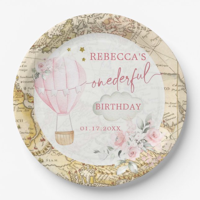 Pink Hot Air Balloon Isn't she Onerderful Birthday Paper Plate (Front)