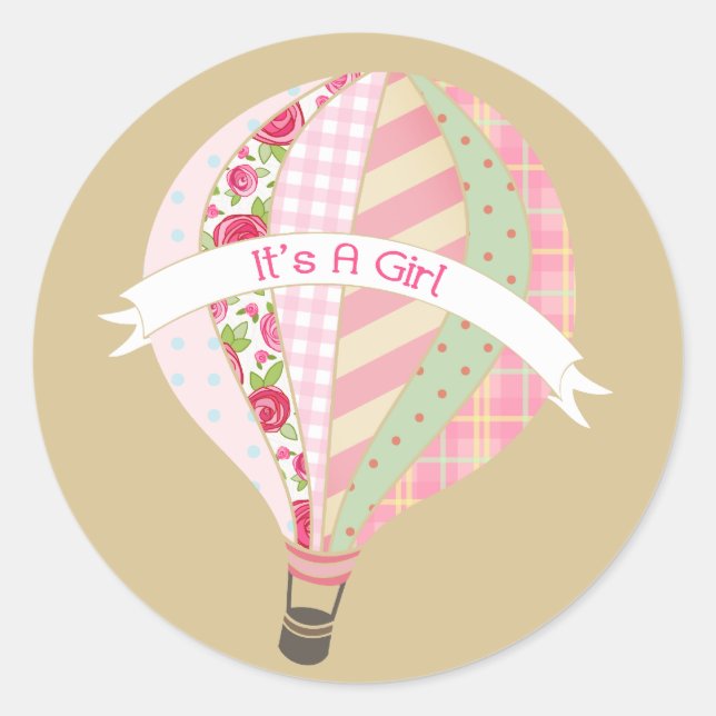 Pink Hot Air Balloon It's A Girl Sticker (Front)