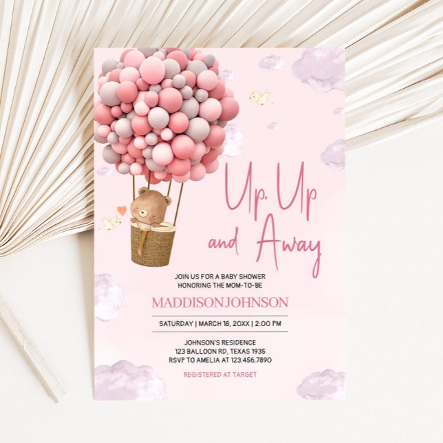 Pink Hot Air Balloon Up and Away Baby Shower Invitation (Up and Away Hot Air Balloon Baby Shower Invitation
)