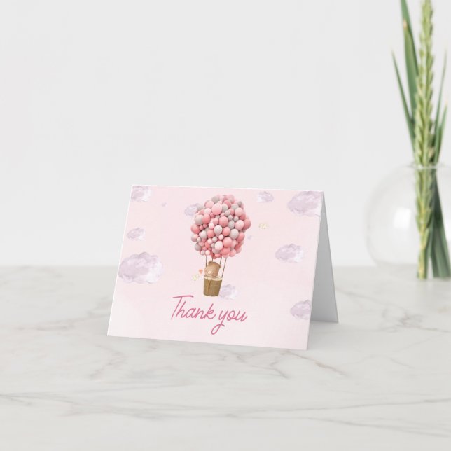 Pink Hot Air Balloon Up and Away Baby Shower Thank You Card (Front)