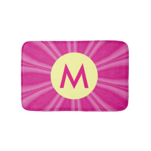 Pink Hot Bright Sunburst Monogram Yellow Circle  Bath Mat