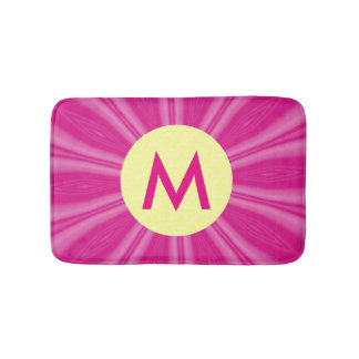 Pink Hot Bright Sunburst Monogram Yellow Circle  Bath Mat