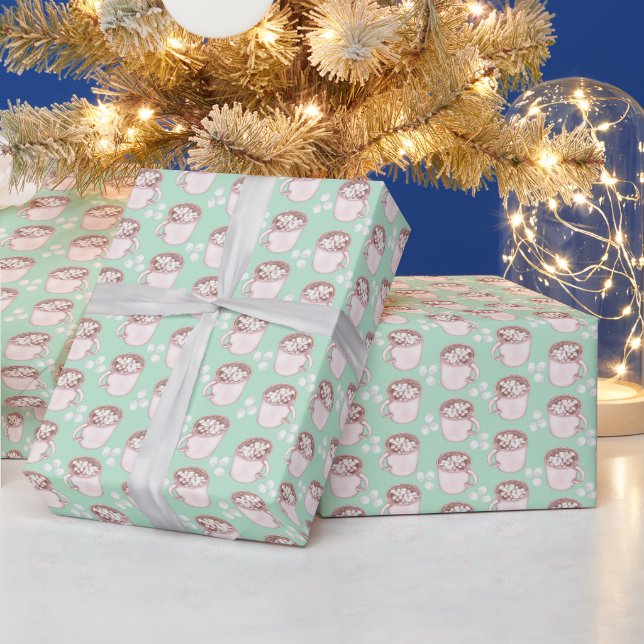 Pink Hot Cocoa Mugs - Mint Green Wrapping Paper (Holidays)