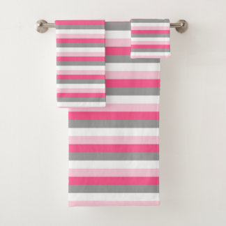 Pink, Hot Pink, White and Charcoal Grey Stripes  Bath Towel Set