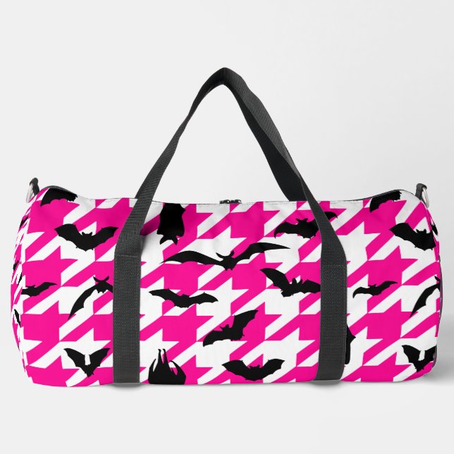 pink houndstooth halloween black bats duffle bag (Front)
