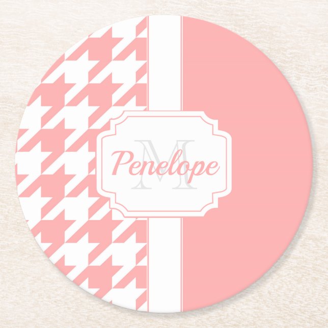 Pink Houndstooth Pattern Round Paper Coaster (Front)