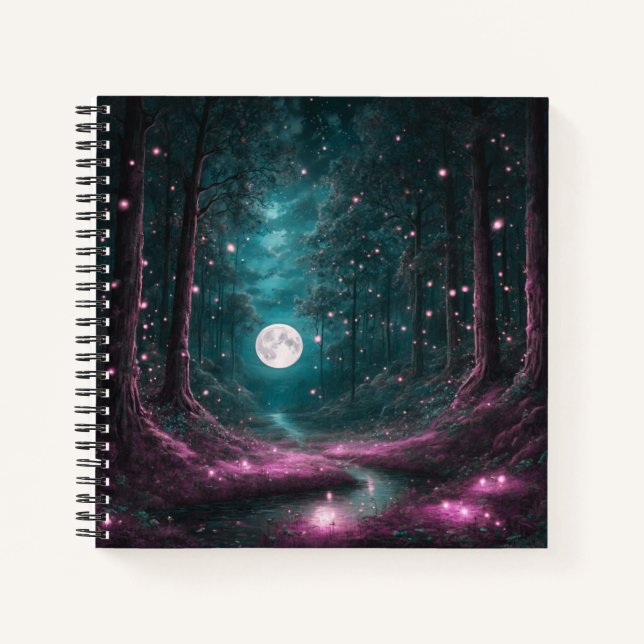 Pink-Hued Full Moon & Fireflies Hard Cover Journal (Front)