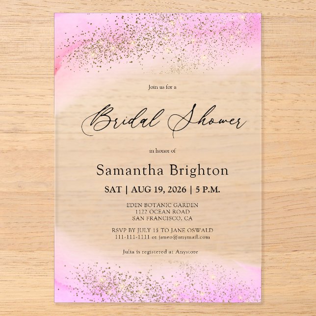 Pink Hues Gold Sparkles Bridal Shower  Acrylic Invitations (Front)