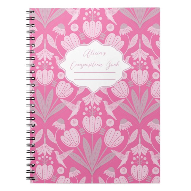Pink Hummingbird Coquette Personalized Composition Notebook (Front)